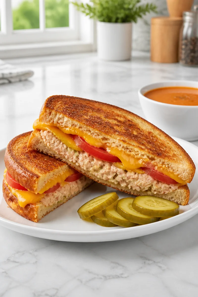 Delicious easy classic tuna melt sandwich with melted cheese and toasted bread