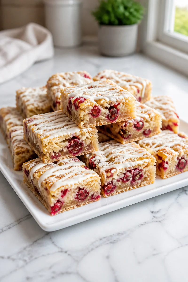 Easy homemade cranberry bars with vanilla icing on a plate