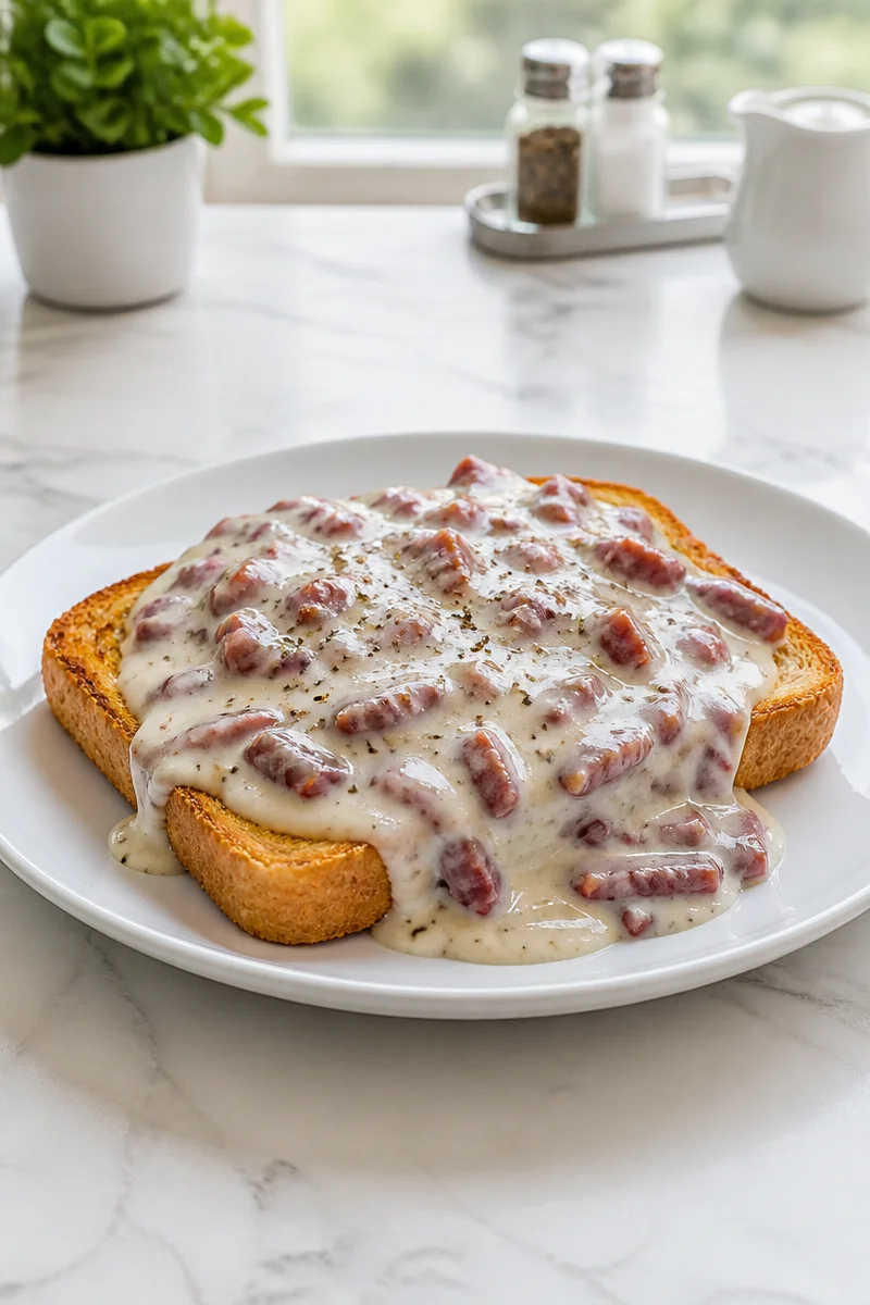 Easy creamed chipped beef toast served on a rustic plate.