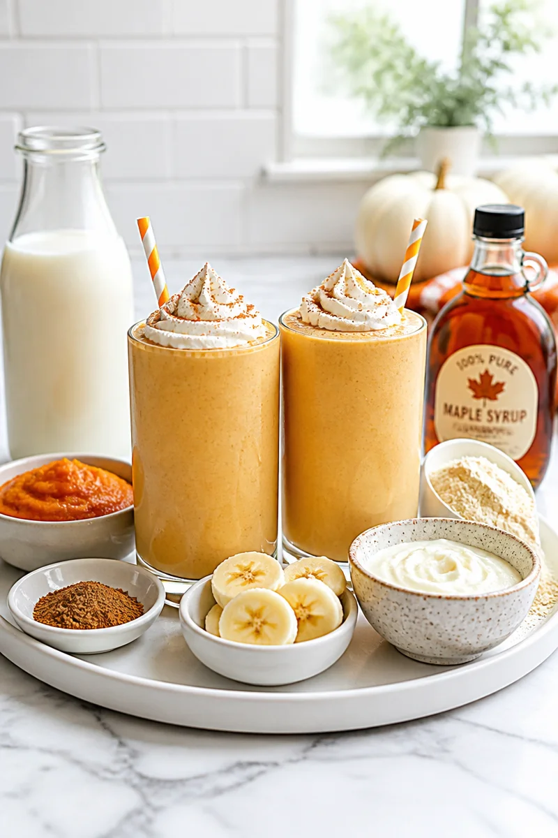 Delicious easy creamy pumpkin pie smoothie in a glass with fall spices