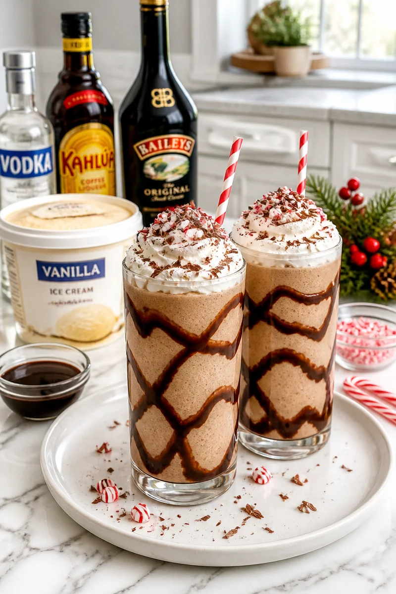 Easy Frozen Christmas Mudslide Cocktail topped with whipped cream and chocolate drizzle