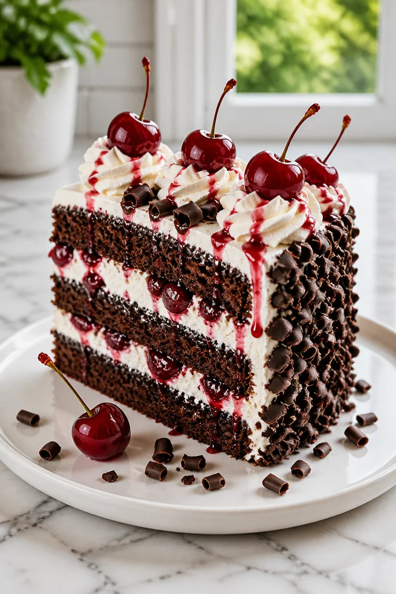 Slice of Easy Halloween Black Forest Cake decorated for festive celebrations