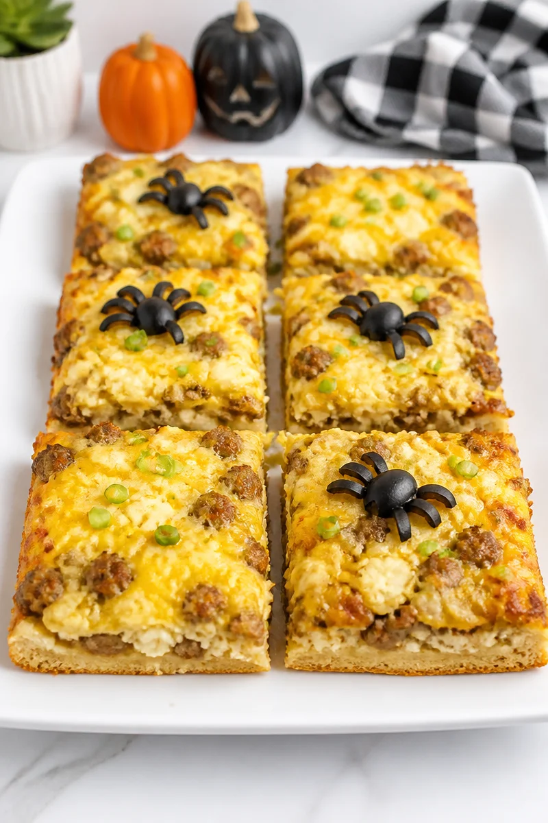 Easy Halloween breakfast pizza with spooky toppings served in squares