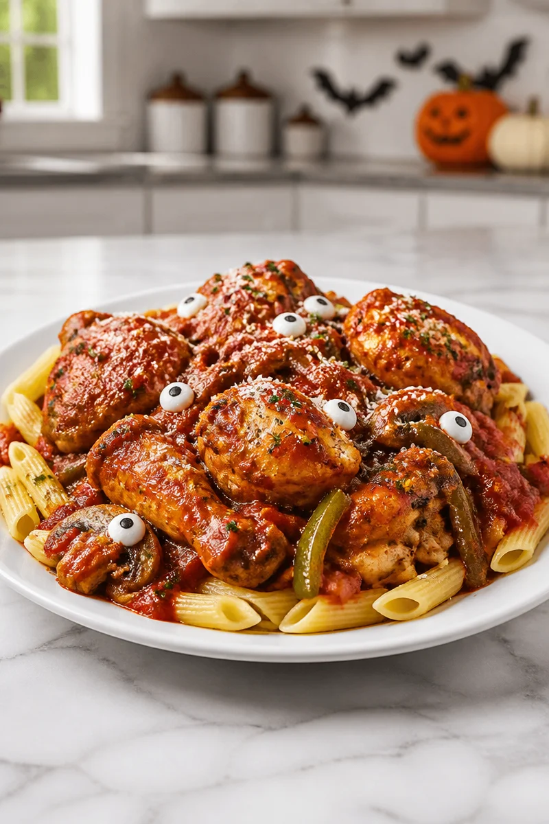 Easy Halloween Chicken Cacciatore Dinner recipe featuring vibrant ingredients.