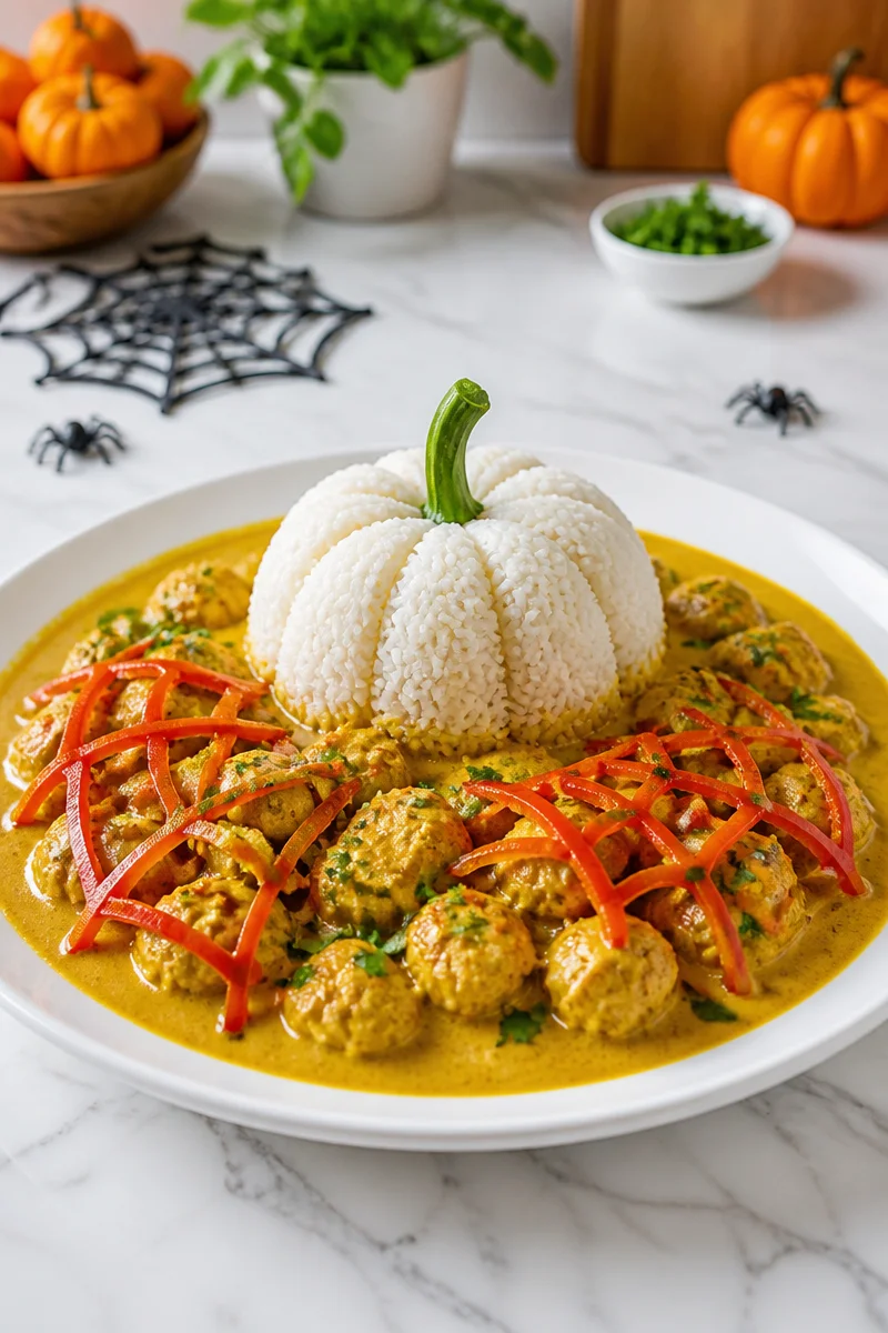 Spooky Halloween Chicken Curry served in a black bowl with festive decorations.