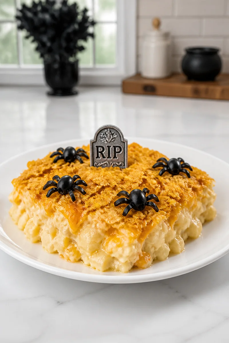 Easy Halloween funeral potato casserole topped with cheese