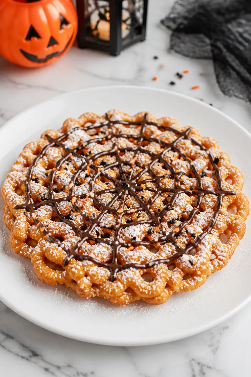 Homemade funnel cake decorated for Halloween with powdered sugar and candy toppings
