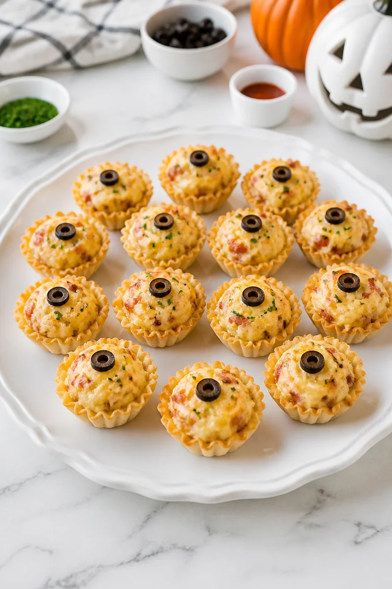 Easy Halloween phyllo cup party appetizer filled with festive ingredients.