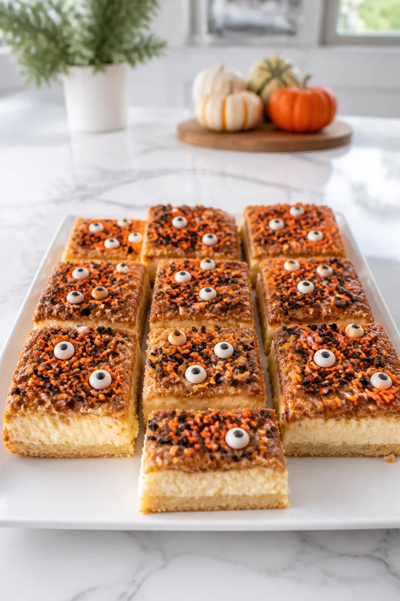 Easy Halloween Sopapilla Cheesecake Bar topped with creamy cheesecake and cinnamon sugar