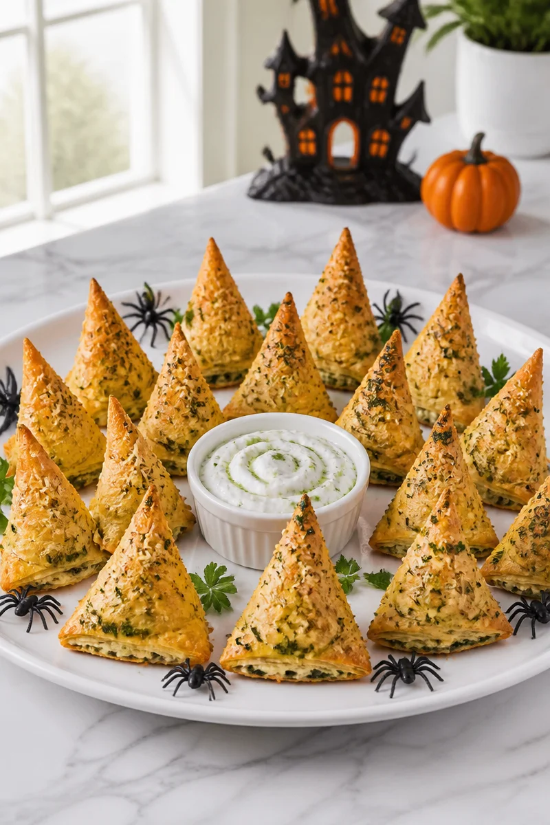 Halloween spanakopita spinach triangle appetizer ready to serve.