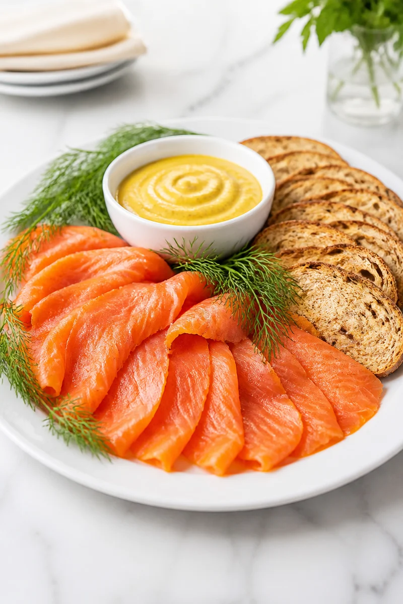 Plate of easy homemade gravlax served as a holiday appetizer