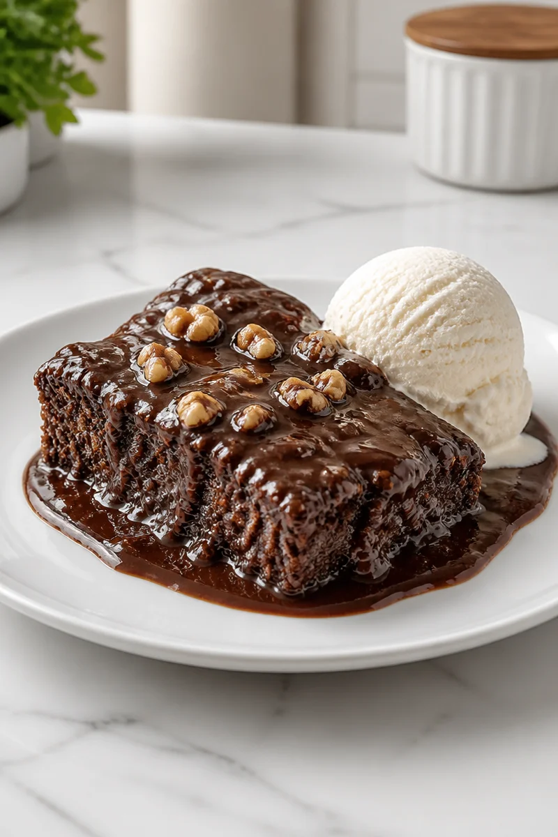 Easy hot fudge pudding cake squares topped with chocolate sauce