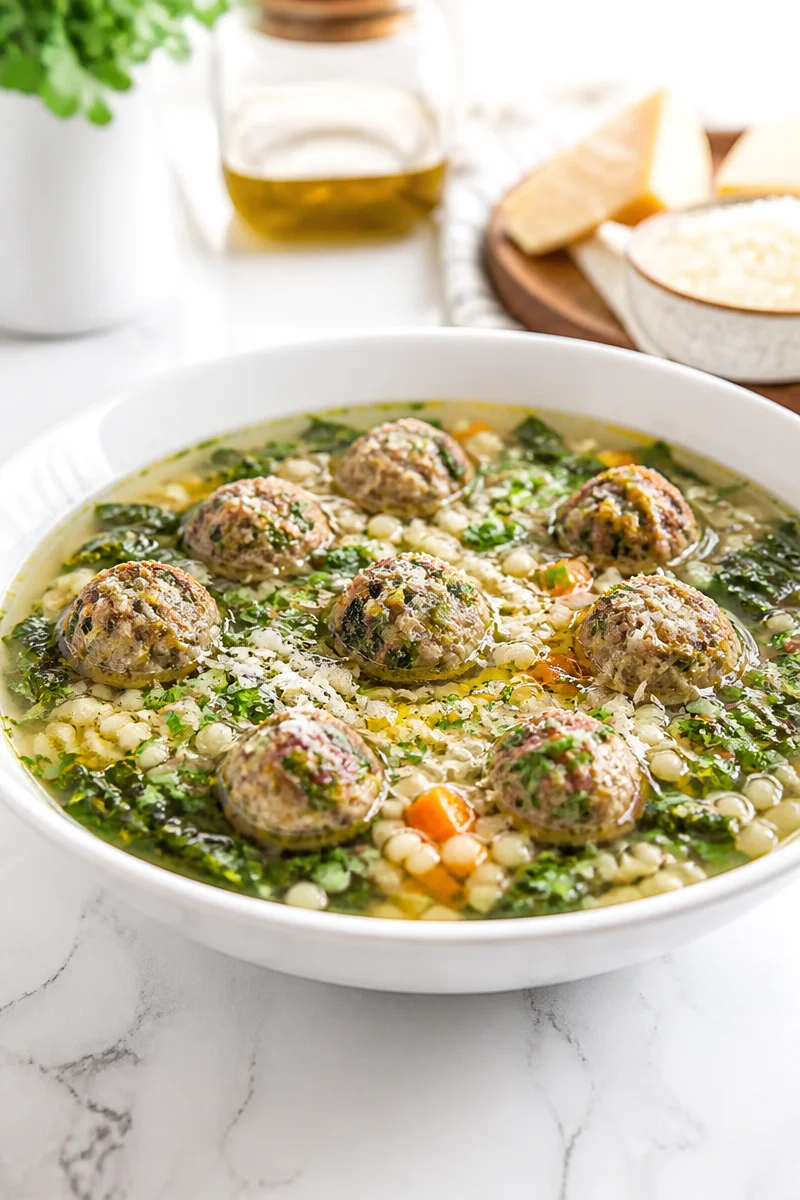 A delicious bowl of easy Italian Wedding Soup filled with meatballs and greens.
