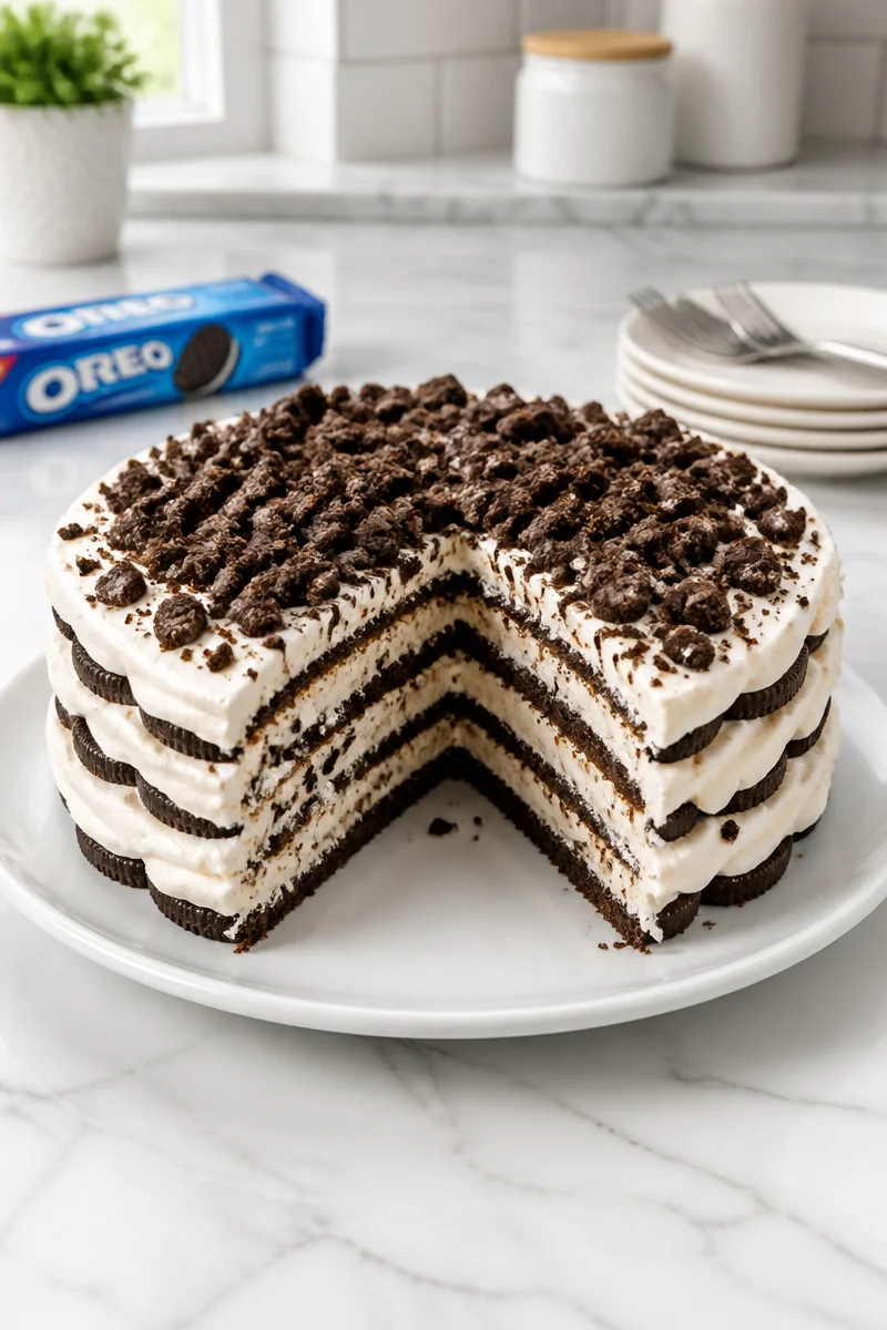 Delicious Easy Oreo Icebox Cake Dessert layered with Oreos and whipped cream