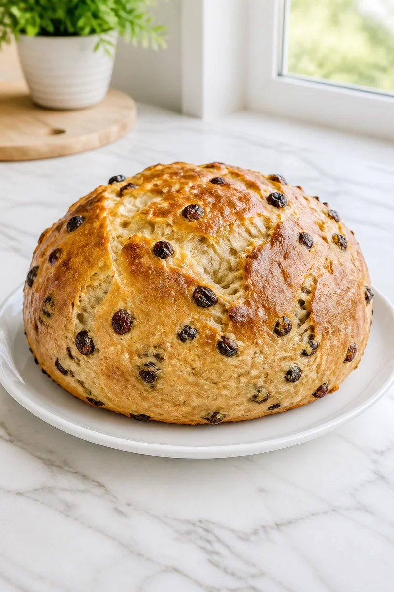 Sliced Easy Selkirk Bannock Scottish Fruit Bread on a wooden table