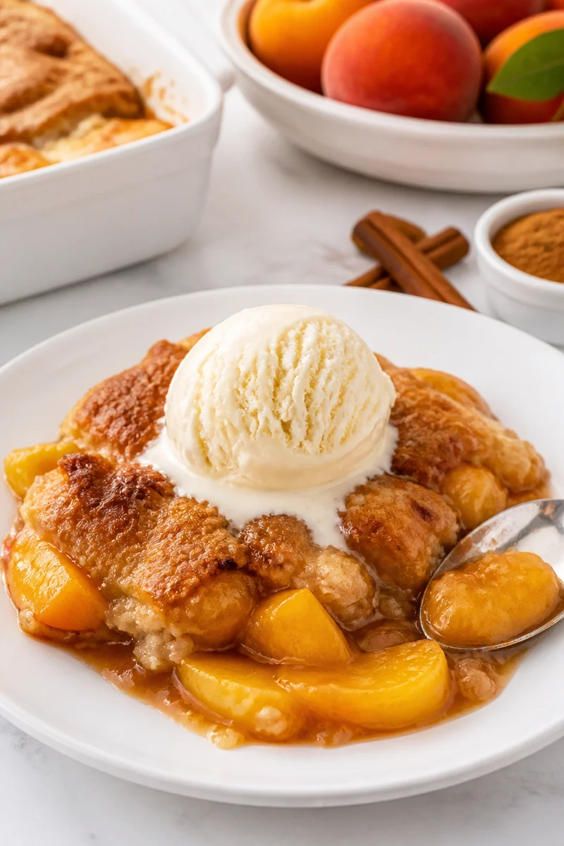 Delicious Southern peach cobbler dessert with golden crust and fresh peaches
