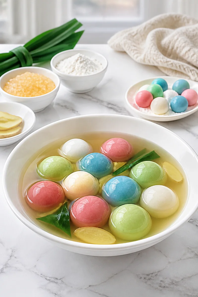 A plate of easy Tangyuan glutinous rice balls served in a bowl.