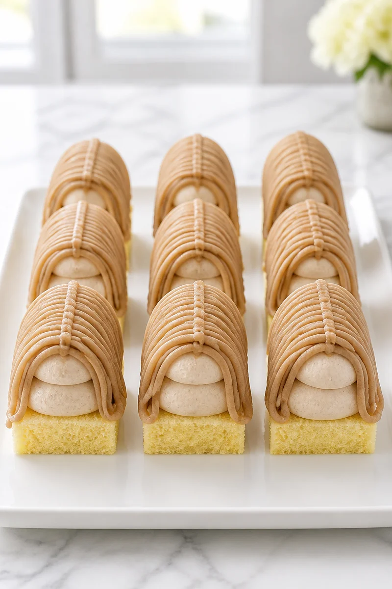 Elegant Mont Blanc Cake with chestnut cream and decorative meringue topping.