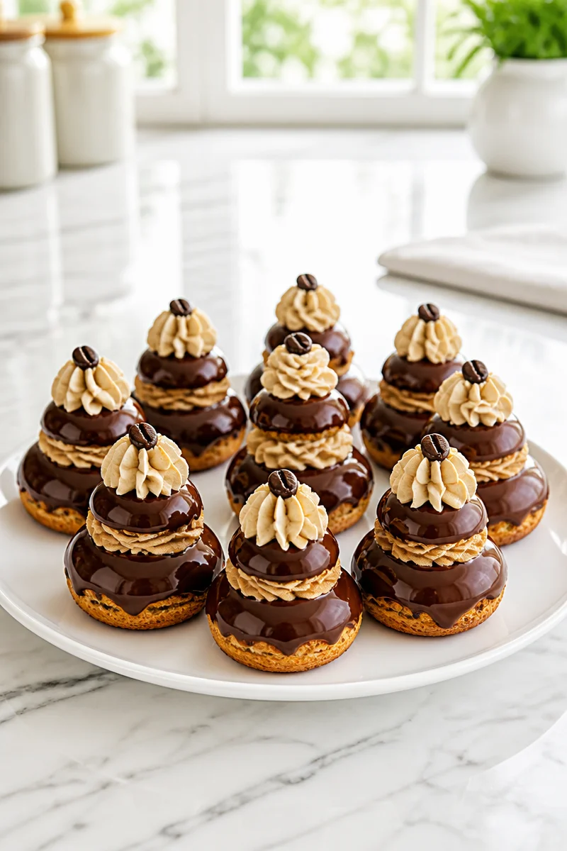 Espresso Religieuse Caffeinated Nuns choux pastries on a decorative plate.