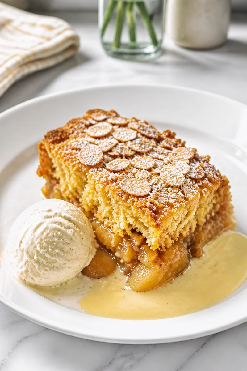 Eve's Pudding served with a soft apple sponge topping on a plate