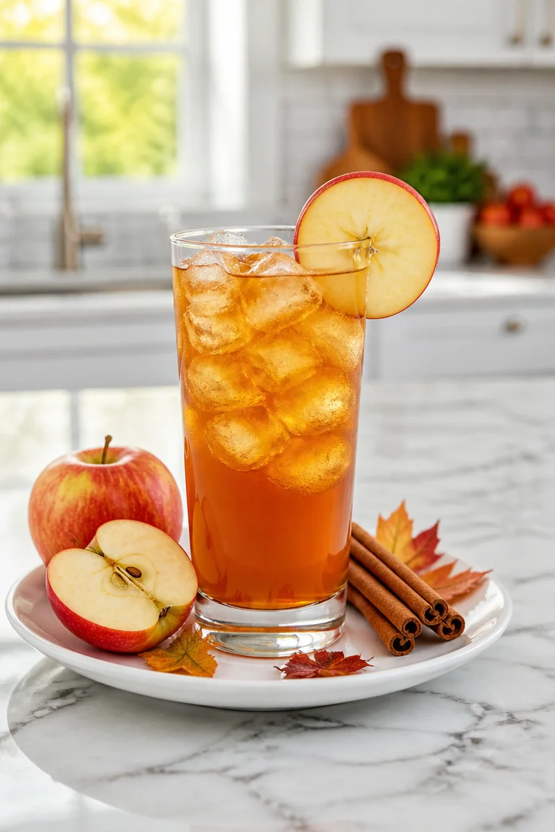 Fall Apple Cider Arnold Palmer drink in a glass with autumn leaves