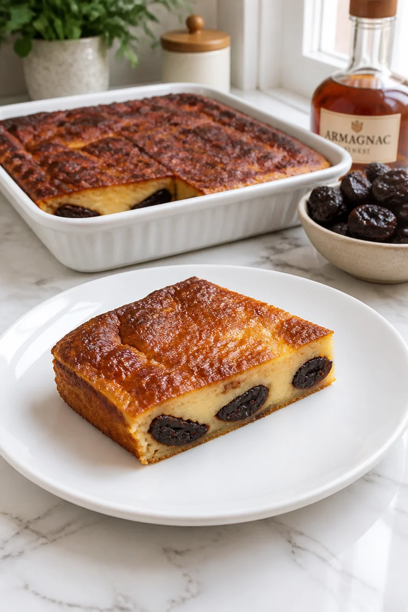 Delicious Far Breton French prune custard cake with a rich custard texture.