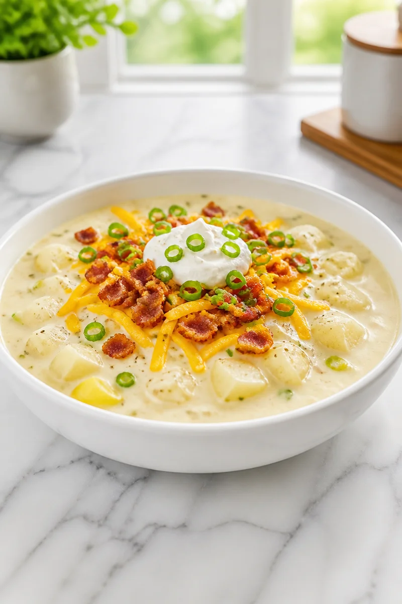 Bowl of favorite loaded baked potato soup topped with cheese and bacon