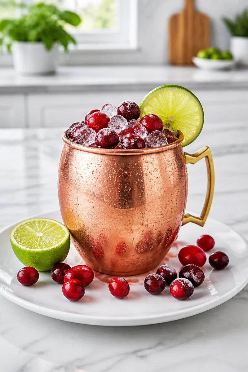 Festive Cranberry Moscow Mule cocktail served in a copper mug with fresh cranberries.