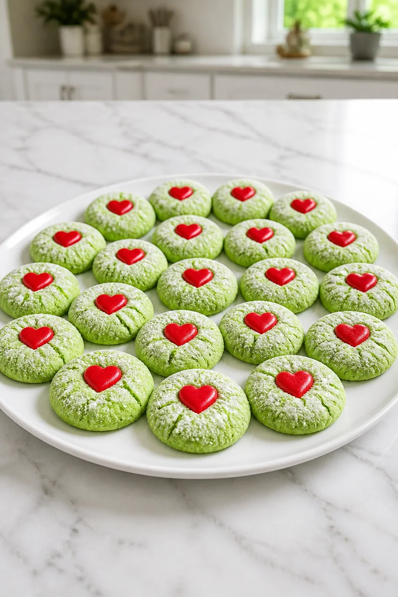 Festive Grinch heart cake mix cookies decorated for the holidays