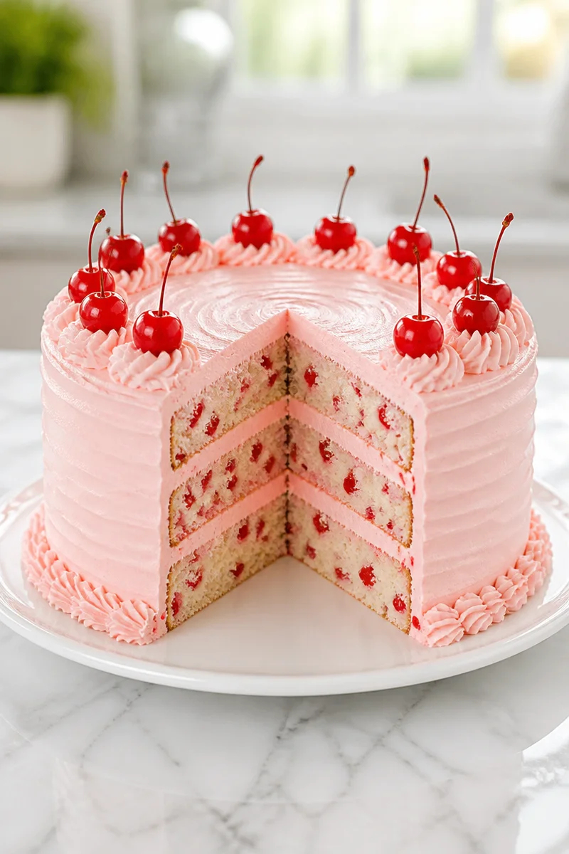 Festive homemade cherry chip layer cake decorated with cherries and frosting