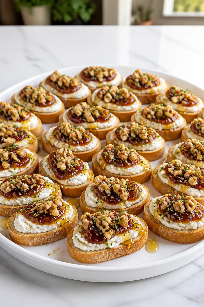 Fig Walnut Goat Cheese Crostini on a wooden serving board