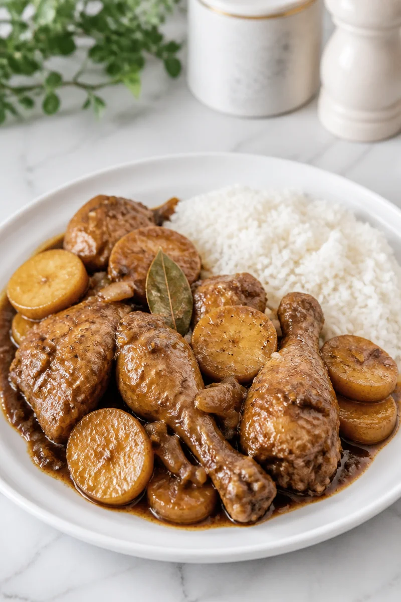 Delicious Filipino Chicken Adobo with Potatoes served in a bowl