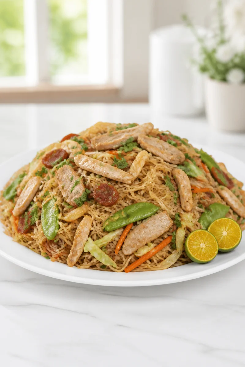 Delicious Filipino Pancit Bihon noodle stir fry with vegetables and meat.