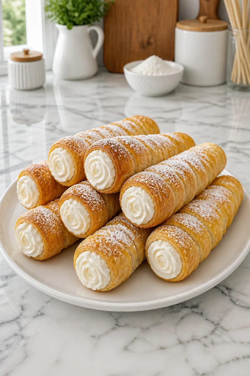 Flaky cream horns with marshmallow filling on a plate