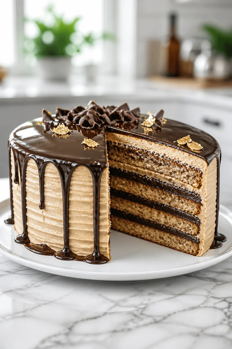 French Opera Cake with coffee buttercream layers served on a plate.