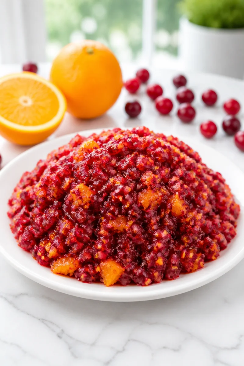 Freshly made cranberry relish with orange in a bowl