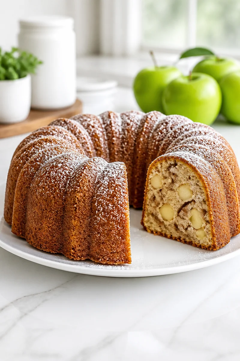 Slice of fresh Granny Smith Jewish apple cake on a plate