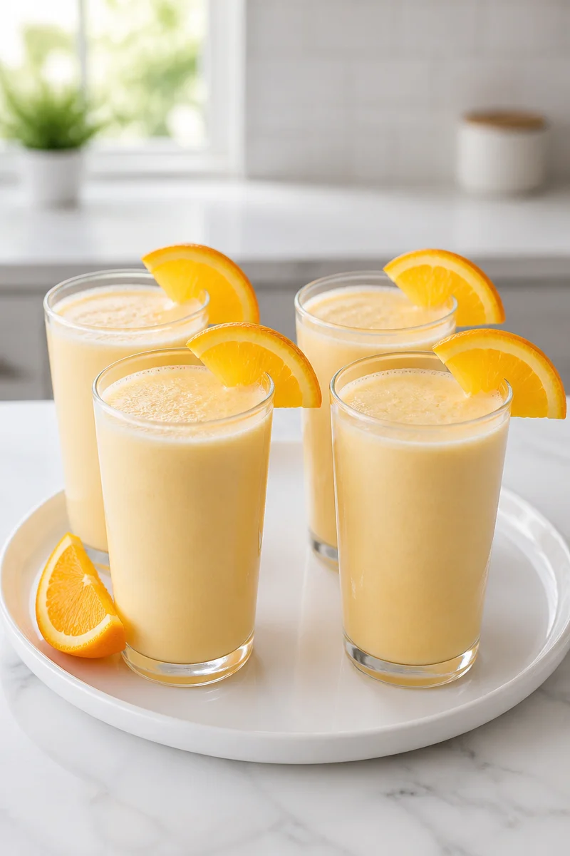 Frothy copycat Orange Julius drink with a creamy texture and vibrant color