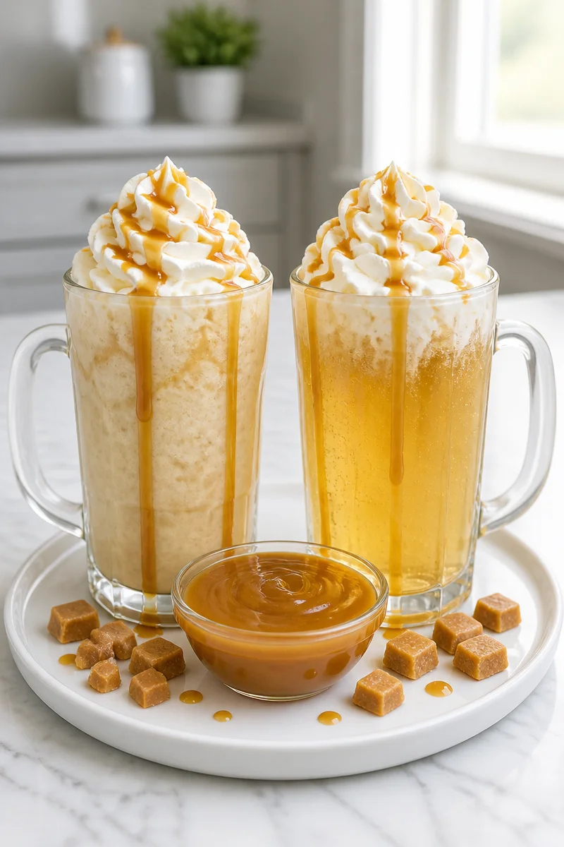 Delicious Frozen Butterbeer topped with decadent butterscotch sauce