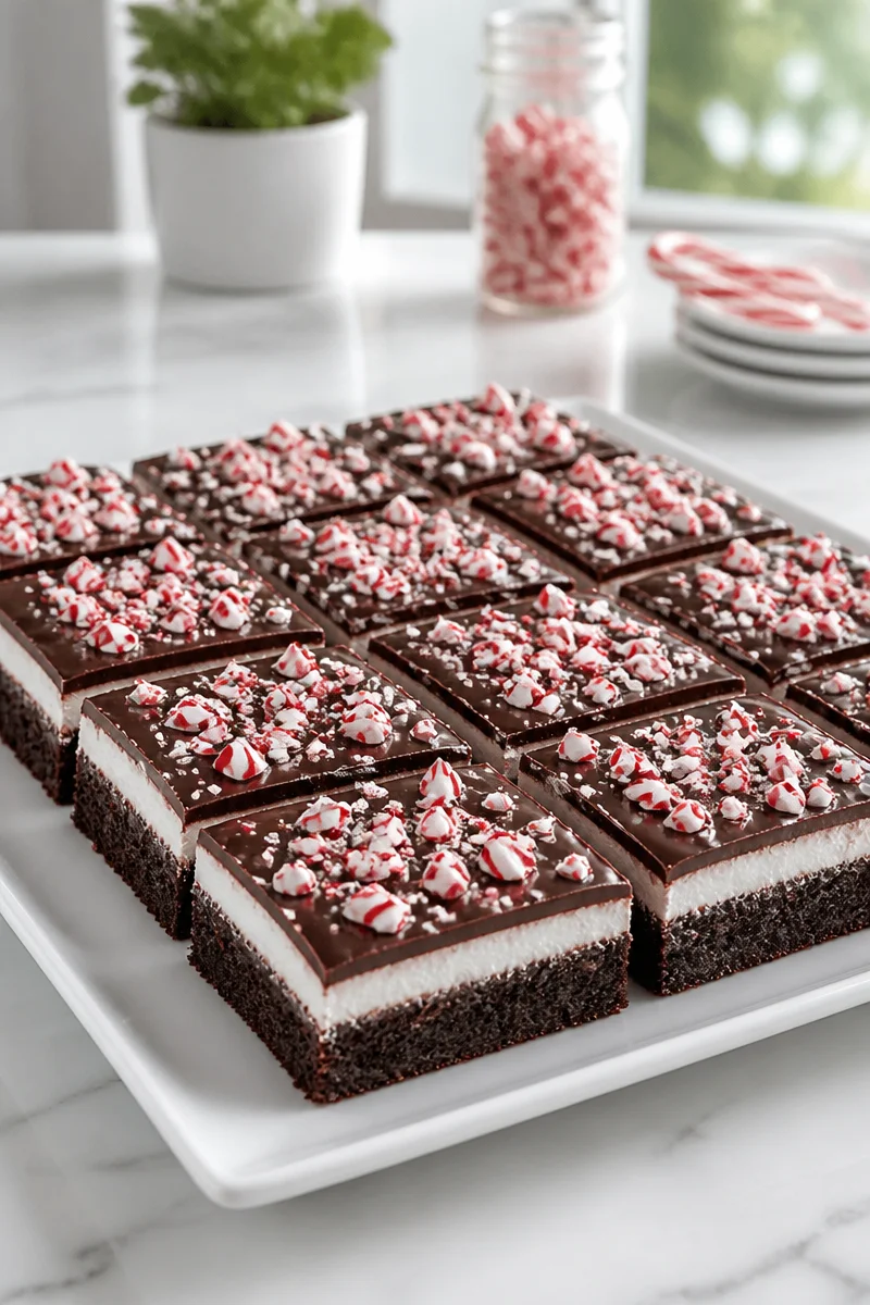 Fudgy peppermint brownies with chocolate ganache on a festive plate