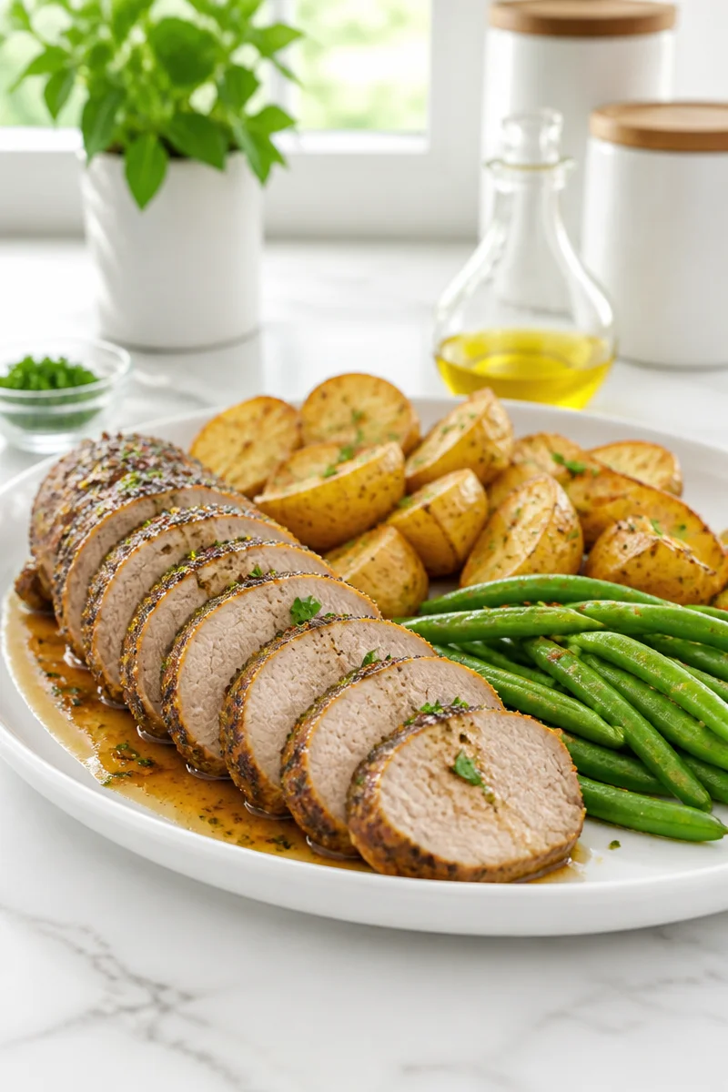 Delicious Garlic Herb Roasted Pork Tenderloin served on a wooden platter.