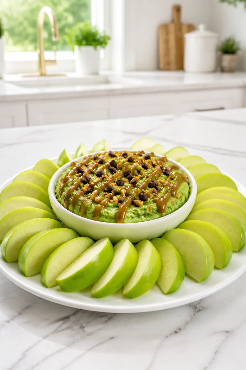 Ghoul Green Apple Candy Dip served in a bowl with green apple slices for dipping