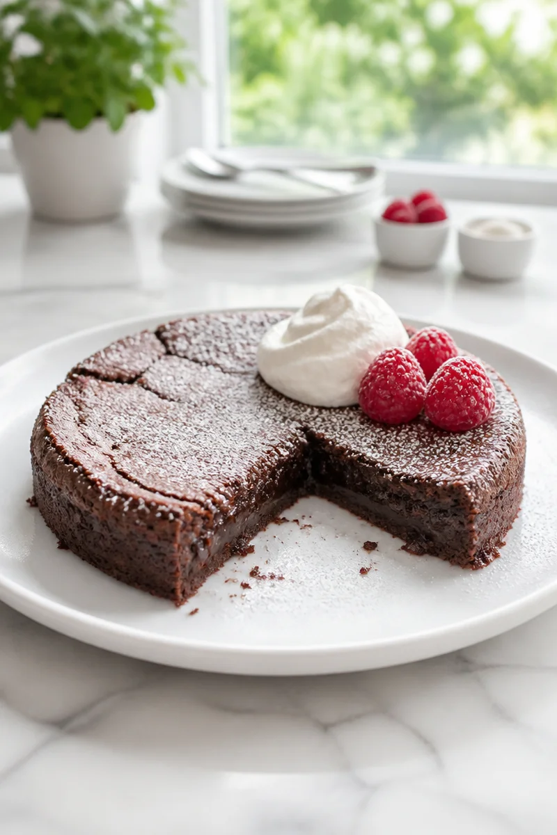 Delicious gooey Kladdkaka Swedish sticky chocolate cake on a plate.