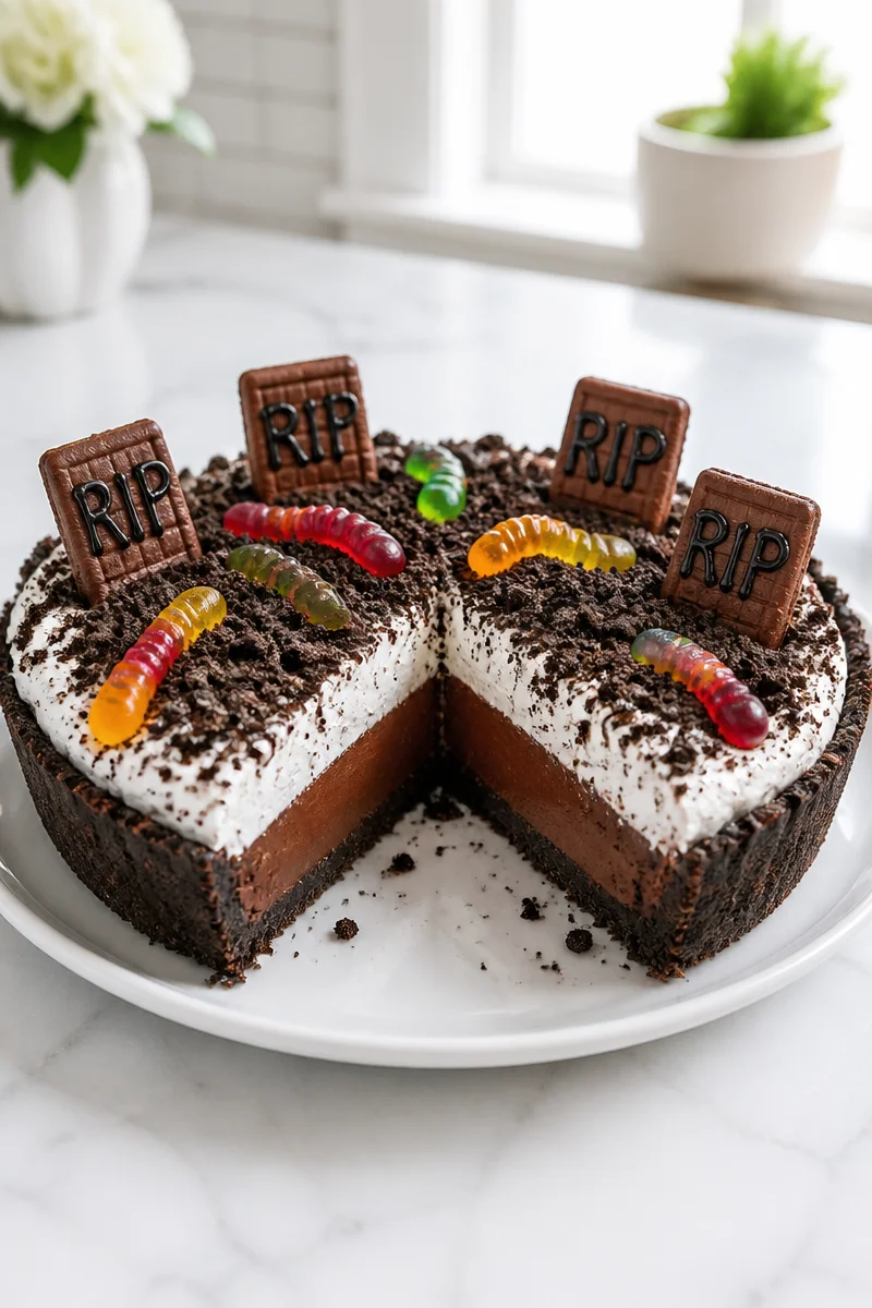 A slice of Graveyard Chocolate Pudding Pie decorated with spooky Halloween themes