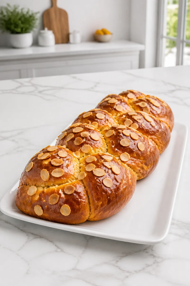 Homemade Greek Tsoureki braided sweet bread loaf fresh out of the oven.