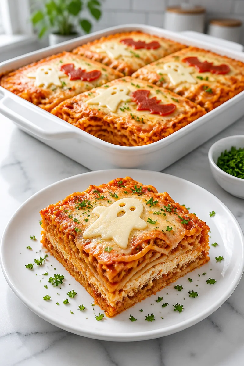 Halloween Baked Spaghetti Casserole served with festive decorations