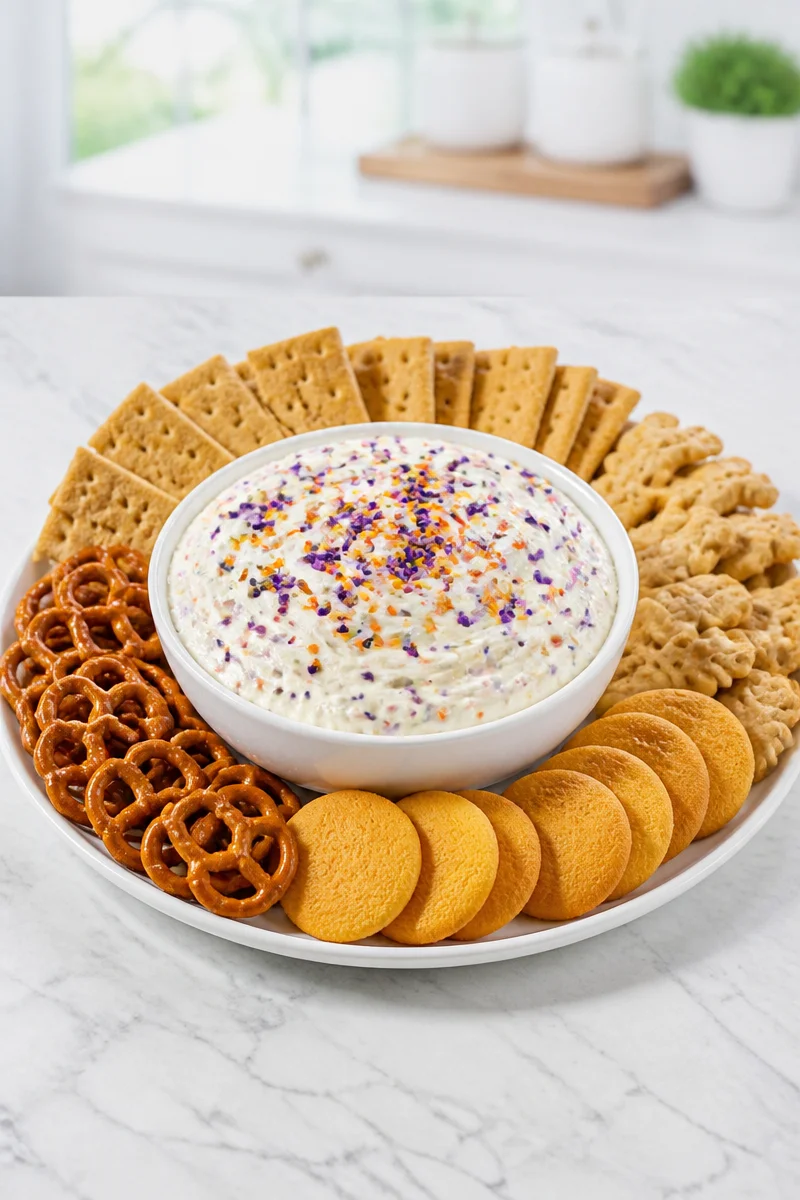 Delicious Halloween Cake Batter Dip served in a festive bowl with sprinkles