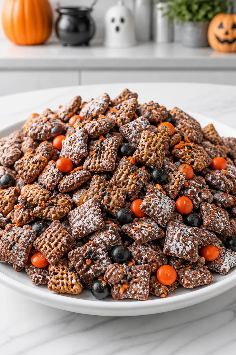Halloween Puppy Chow Muddy Buddy Mix in a festive bowl