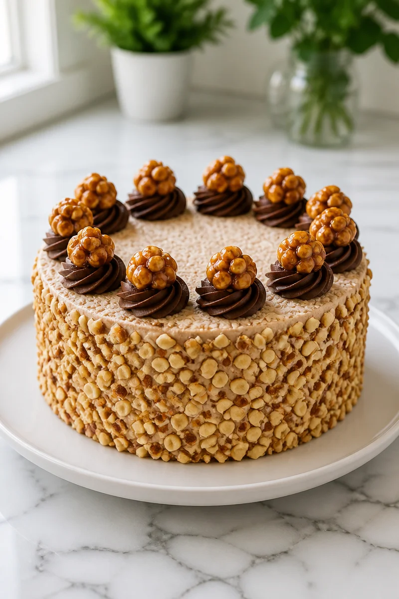 Hazelnut Dacquoise dessert layered with creamy coffee filling and topped with nuts.