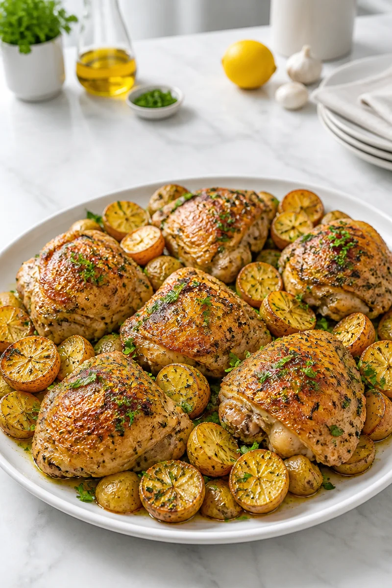 Herb butter roasted chicken thigh served with herbs and vegetables